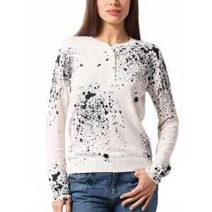 NEW MINNIE ROSE supima cotton cashmere paint splatter henley sweater in white/ n